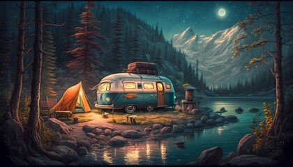 Recreational rv camping on open landscape forest mountains, campfire. Generative AI