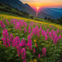 Obraz premium Bright sunset over the mountains with red flowers on green field. Generative AI