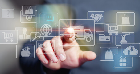 Online shopping and e-commerce concept. Hand of young business using smart phone with shopping cart icon,