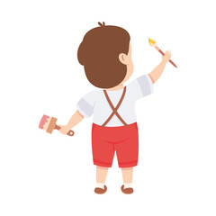 Cute Little Boy Standing with Paint Brush Drawing on Wall Back View Vector Illustration