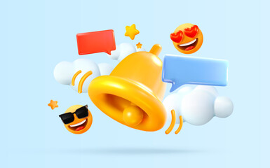 Bell, Speech bubble in the clouds. Alert or call, reminder. In 3d style. Vector illustration