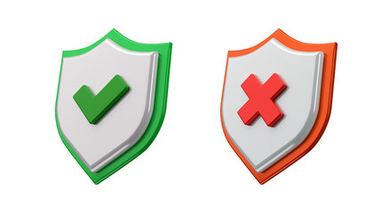 Correct and incorrect sign. Right and wrong mark illustration set. Green tick and red cross flat 3D icon. Check ok, YES, no, X marks for vote, decision, web. Perspective True, false shields. 
