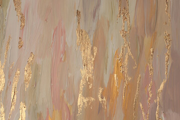 Art oil and acrylic smear blot canvas painting with gold line elements. Abstract texture pastel...