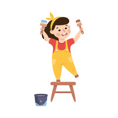 Cute Little Girl Standing on Stool with Paint Brush Vector Illustration