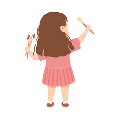 Cute Little Girl Standing with Paint Brush Drawing on Wall Back View Vector Illustration