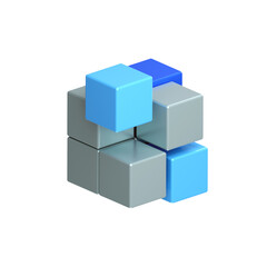 White and colors building with flying cubes in perspective. The subject of delivery, data transmission, relocation, restructuring, transformation, building or selection. 3d perspective illustration. 