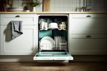 Open empty dishwasher in kitchen, generative artificial intelligence 