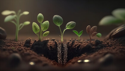 Seedlings growing from the ground, Germinating seeds of various, Growing plants and agriculture concept. Generative AI