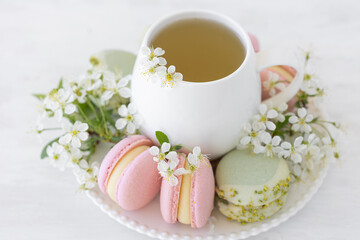 Traditional delicious French dessert - sweet homemade macarons on a vintage plate. Colourful tasty macaroons served on a white china with herbal tea. Decorated with fragile cherry tree flowers.
