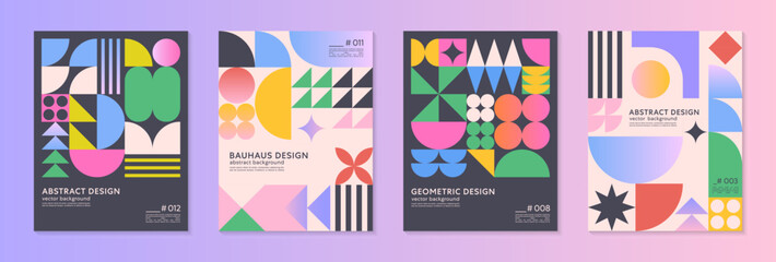 Abstract bauhaus geometric pattern backgrounds with copy space for text.Trendy minimalist geometric designs with simple shapes and elements.Modern artistic vector illustrations.