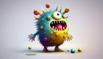 Cute cartoon monster with big eye looks up in surprise and wide open mouth with teeth