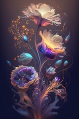 Magic flowers on dark background. Generative AI