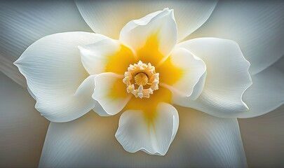  a white flower with a yellow center on a gray background.  generative ai