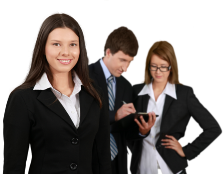 Friendly Businesswoman and Talking Collaborators in Background - Isolated