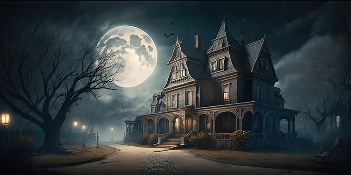 An image depicting a spooky Halloween scene with an eerie house and dimly lit street, Generative AI