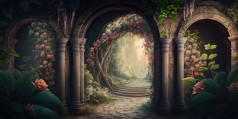 A stunning digital painting background depicting a secret fairytale garden with colorful greenery and flower arches, Generative AI - obrazy, fototapety, plakaty