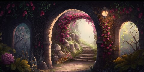 Fototapeta premium This artwork features a stunning garden with flower arches and vibrant foliage, inspired by fairytales, Generative AI
