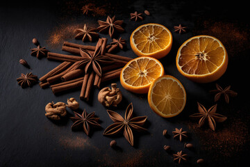 Fototapeta na wymiar Many cinnamon sticks star anise and dried orange slices. Illustration AI Generative