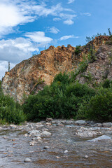 Denali Park, Alaska, USA - July 24, 2011: Portrait, Nenana River. Fast running water and brown rocky shoreline, green tree foliage with red rock flanks under blue sky