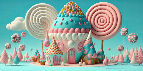ai midjourney generated fantasy illustration of a small cute candy village