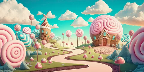 Fotobehang ai midjourney generated fantasy illustration of a small cute candy land with gingerbread houses © Claudia Nass
