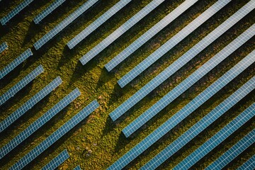 Solar panel rows aerial view. Photovoltaic panels farm from the sky, diagonal rows for renewable solar energy. Reducing  carbon footprint concept, clean green energy for the future.