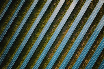 Solar panel rows aerial view. Photovoltaic panels farm from the sky, diagonal rows for renewable solar energy. Reducing  carbon footprint concept, clean green energy for the future. - Powered by Adobe