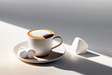 Cup of cappuccino with marshmallow. Illustration AI Generative