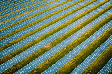 Solar panel rows aerial view. Photovoltaic panels farm from the sky, diagonal rows for renewable solar energy. Reducing  carbon footprint concept, clean green energy for the future.