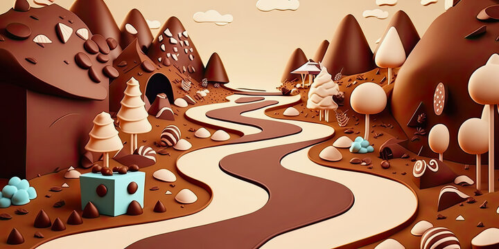 fantasy illustration of a small cute chocolate land