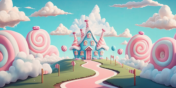 ai midjourney generated fantasy illustration of a small cute candy land with a sugary house