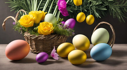 Fototapeta na wymiar Happy Easter. Celebration easter background. Easter eggs and flowers, created with Generative AI technology
