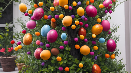 Pretty decorated colored Easter eggs with modern patterns hanging on a tree branch on a sunny spring day, created with Generative AI technology