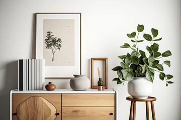 Stylish interior of living room with mock up poster frame. Illustration AI Generative