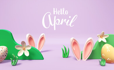 Hello April message with rabbit ears and Easter eggs