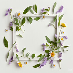 Fototapeta na wymiar Frame of chamomiles branches leaves and lilac petals. Illustration AI Generative