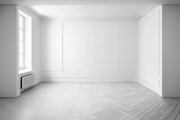 Fototapeta premium White empty space with parquet floors. Illustration AI Generative
