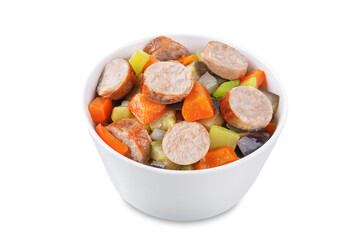 Italian sausages with prepared vegetables on a white isolated background