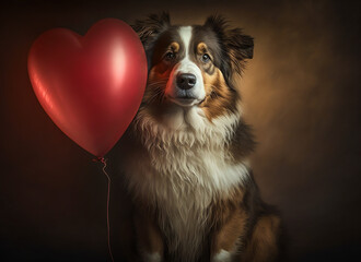 Golden Retriever Puppy Dog with Red Heart Shaped Balloon, Cute Pet, Copy Space for Text, Anniversary, Pet Day, Valentine, Valentine's Day, Greeting, Banner, Wallpaper, Generative AI