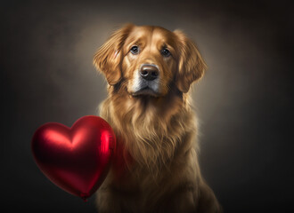 Golden Retriever Puppy Dog with Red Heart Shaped Balloon, Cute Pet, Copy Space for Text, Anniversary, Pet Day, Valentine, Valentine's Day, Greeting, Banner, Wallpaper, Generative AI
