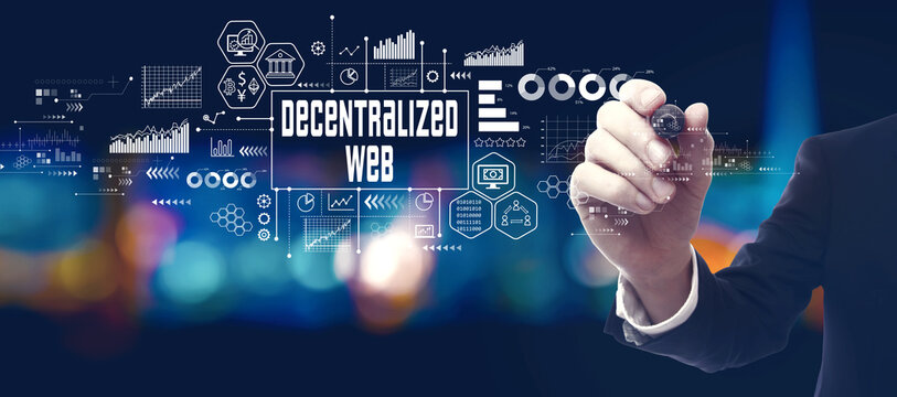 Decentralized Web theme with businessman in a city at night