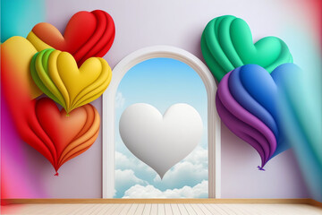 Love Heart Shaped Frame with Balloons, Happy Birthday, Valentine, Rainbow, Colorful, Valentine's Day Illustration, Copy Space for Text, Background, Generative AI