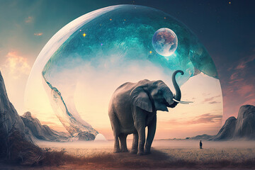 dreamlike and reality-bending background with elephant. Illustration AI Generative