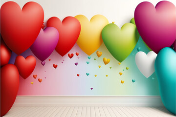 Love Heart Shaped Frame with Balloons, Happy Birthday, Valentine, Rainbow, Colorful, Valentine's Day Illustration, Copy Space for Text, Background, Generative AI