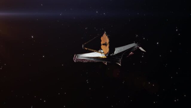 James Webb space telescope orbiting the sun in deep space. 3D animation