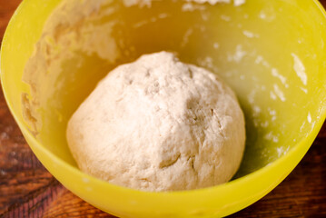 Round dough made of flour, yeast and water in bowl. Cooked dough for baking bread or pizza.