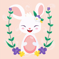 White easter rabbit. Happy Easter banner, poster, greeting card. Trendy Easter design with Easter Bunny and flowers in pastel colors on pink background. Vector illustration in minimal cartoon style.