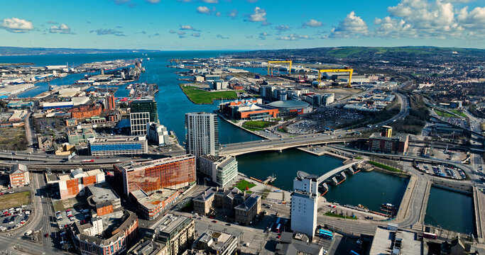 Aerial photo of Belfast City Skyline Cityscape in Northern Ireland 03-03-23