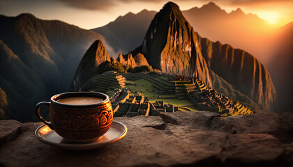 Cup of coffee on background of Machu Picchu, Peru. Copy space. Based on Generative AI - obrazy, fototapety, plakaty
