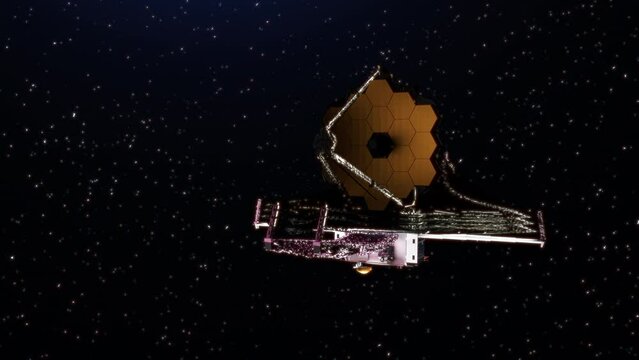 James Webb space telescope orbiting the sun in deep space. 3D animation
